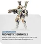A Sekhetar Robot stands prominently, showcasing a sleek, mechanical design with intricate details and a color palette of cream and blue. It features a large weapon mounted on one arm, resembling a heavy flamer, while the other arm is equipped with a claw-like appendage. The robot's head is adorned with two tall, cylindrical structures, adding to its imposing presence as a formidable combat unit.