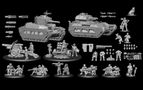 A collection of grey 3D-printed miniatures showcases various elements from the Space Aussies 2: Mechanised Kangaroo Kickstarter. Prominent features include two armoured tanks, a cannon with crew, and multiple infantry figures in dynamic poses, all wearing boonie hats. Additional components such as weapon accessories, alternative turrets, and various tools are also displayed, set against a black background.