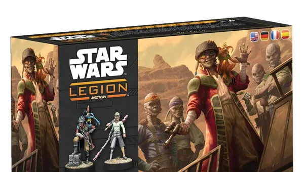 A box set for "Star Wars: Legion" features the Weequay Pirates, prominently displaying the charismatic leader, Captain Hondo Ohnaka, alongside several other miniatures. The box art showcases a rugged desert landscape with the pirates depicted in various poses, emphasizing their mercenary nature. The title "Hondo Ohnaka and Weequay Pirates" is featured prominently, along with the game's logo.