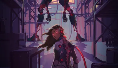 A futuristic industrial setting with a large red neon sign reading "GIRL FRAME" at the top. In the foreground, a woman with long brown hair and glowing red eyes wears a form-fitting suit with circular red accents and a red energy whip. Behind her, a towering red and black mech suit with glowing red eyes and sharp, angular limbs stands in a dynamic pose, as if ready for action. The background features metal scaffolding, pipes, and industrial structures, illuminated by a warm, glowing light.