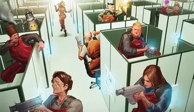 Office cubicles with worker looking over the top and seeing two red troubleshooters brandising weapons on the hunt for something