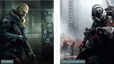 Two character illustrations from Tom Clancy’s The Division are displayed side by side. On the left, a rugged man representing "The Rikers" stands in a dimly lit room, wearing a blue jacket with "Police" emblazoned on it, holding a rifle and surrounded by scattered papers and notes. On the right, a soldier from "The Last Man Battalion" is depicted in a chaotic urban environment, wearing tactical gear and a mask, aiming a weapon while two other soldiers move in the background amidst smoke and debris.
