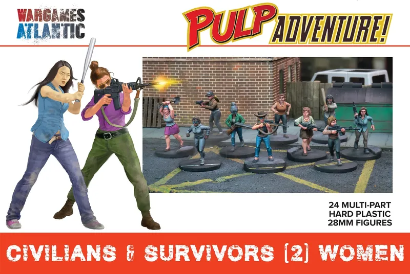 A group of eight multi-part plastic figures is displayed in a street setting, showcasing a variety of poses that depict both action and panic. The figures are armed with various weapons, including a baseball bat, a shotgun, and a machete, and feature diverse clothing styles, from casual wear to more rugged outfits. The background includes a brick wall and a vehicle, enhancing the urban environment of the scene.