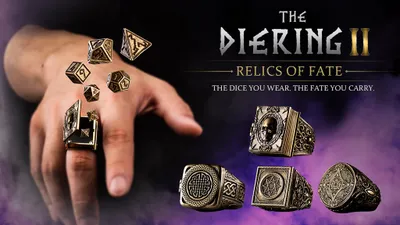 Four fantasy-themed rings are displayed prominently, each featuring intricate designs and motifs. The rings include Gravebound Tome with a skull motif, Runic Oath, Elven Crest, and Arcane Sigil, all crafted from brass with an aged finish. Floating around the rings are various polyhedral dice, highlighting the unique feature of each ring containing a hidden compartment for a complete set of miniature RPG dice.