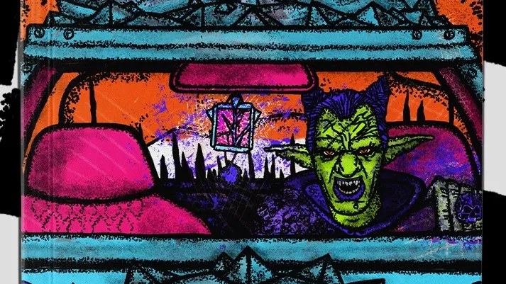 A vibrant and chaotic cover for the "Fool's Fuel" rulebook features a greenskin character with pointed ears and a fierce expression, seated in a vehicle. The background is filled with a surreal landscape of jagged mountains and an orange sky, creating a sense of mayhem. The title "FOOL'S FUEL" is prominently displayed in bold, green lettering, emphasizing the game's theme of vehicular skirmishes and magical chaos.