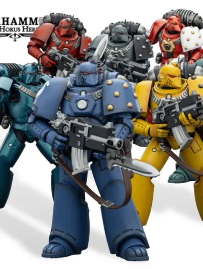 A group of eight tactical space marine action figures stands prominently, showcasing a variety of colors and chapter insignias. The marines are depicted in their original mark of armor, with detailed features and gear, including bolt guns and backpacks. The figures represent popular Warhammer 40k chapters such as the Imperial Fists, Ultramarines, Blood Angels, and Space Wolves, alongside traitorous factions like the Sons of Horus and Alpha Legion.
