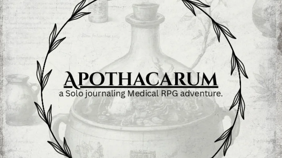 Black circular laurel wreath with text "APOTHACARUM a Solo journaling Medical RPG adventure."
