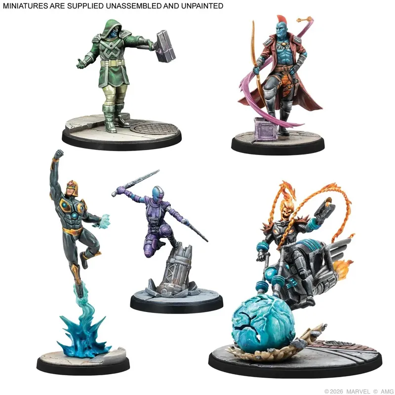 Five painted miniatures on circular bases: a figure in green armor holding a large hammer, a figure with blue skin and a red crest holding a bow, a figure in a blue and gold suit leaping with one fist raised and blue energy effects, a figure in purple armor crouching with a sword, and a figure in blue and silver armor riding a motorcycle with flame effects, next to a large cracked blue spherical object. Text at the top reads "MINIATURES ARE SUPPLIED UNASSEMBLED AND UNPAINTED". Text at the bottom reads "©2026 MARVEL © AMG".