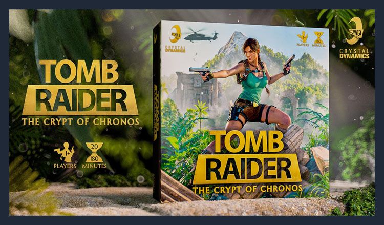 The image features the box art for the board game "Tomb Raider: The Crypt of Chronos." Prominently displayed is a dynamic depiction of Lara Croft, dressed in a teal tank top and cargo shorts, holding a gun in each hand, set against a lush, green jungle backdrop with ancient ruins. The title of the game is boldly presented in yellow text at the bottom, alongside details indicating it is designed for 1 to 4 players and has a playtime of approximately 180 minutes. The overall design conveys a sense of adventure and exploration, fitting for the Tomb Raider theme.