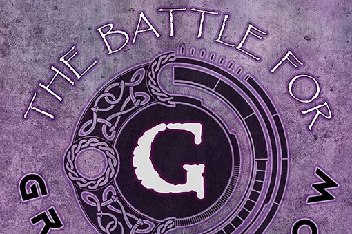 A circular logo features the text "THE BATTLE FOR GREENHOLLOW" prominently displayed around a central letter "G." The design incorporates intricate, swirling patterns and a dark background, creating a mystical and engaging aesthetic. The overall color scheme includes shades of purple and black, enhancing the theme of a fantasy wargaming event.