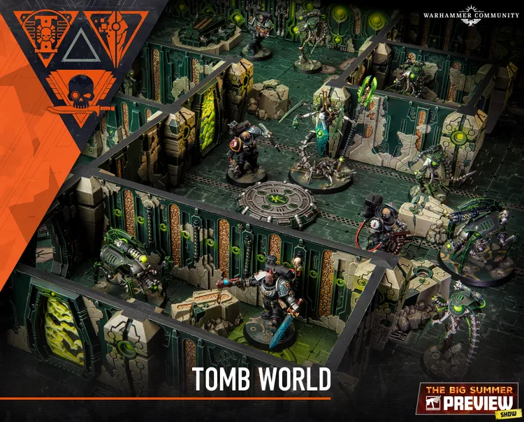 A detailed tabletop gaming scene depicts a modular Necron-themed killzone from the Warhammer 40,000 universe, featuring various miniatures. In the foreground, a Deathwatch Space Marine stands ready for battle, while several Necron warriors are positioned throughout the environment, which includes intricate walls adorned with glowing green elements and a circular teleportation pad. The overall atmosphere is dynamic, showcasing the impending conflict between the two factions in a richly designed setting.