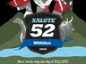 A stylized graphic for Salute 52 features a central shield with the text "SALUTE 52" prominently displayed, flanked by the words "SOUTH LONDON WARLORDS" and the year "2025." Surrounding the shield are four characters: a warrior with a sword and shield, a bagpiper, a soldier in a red coat, and a woman with red hair and a blue mask. In the background, there are elements like a dinosaur and a Highland cow, set against a dramatic sky with lightning. The bottom of the image includes the phrase, "There can be only one day of SALUTE!"