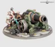 Miniature diorama featuring two Khazalite duardin figures in heavy armor, one wielding a hammer, operating a large, ornate green cannon with intricate metalwork on a rocky terrain. Cannon has a large wheel and barrel pointed forward. Text in top right reads "WARHAMMER COMMUNITY."