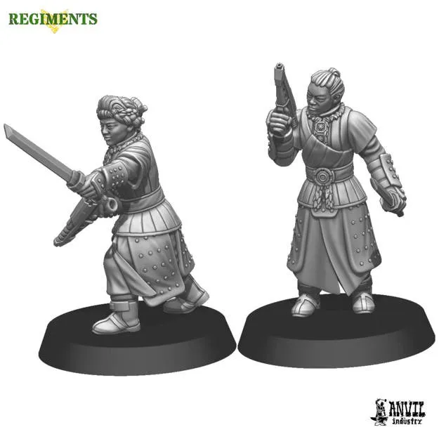 Two armored figures holding swords and guns on black bases.