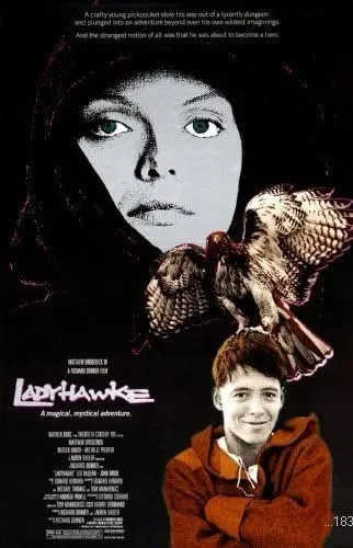 Woman with hawk, boy below, "Ladyhawke" text.