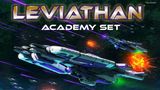 A dynamic space scene features several starships engaged in combat, with vibrant colors and explosive effects in the background. The foreground prominently displays the title "LEVIATHAN ACADEMY SET" in bold, stylized lettering. The ships are designed with intricate details, showcasing a futuristic aesthetic that reflects the game's theme of starship warfare.