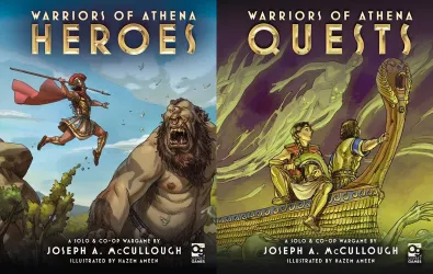 The image features two book covers from the "Warriors of Athena" series by Joseph A. McCullough. On the left, "Warriors of Athena: Heroes" showcases a heroic figure in armor wielding a spear, facing a large, menacing creature, set against a vibrant blue sky. On the right, "Warriors of Athena: Quests" depicts a group of characters aboard a ship, with one character holding a spear and others preparing for adventure, surrounded by swirling waves and a dynamic background. Both covers are illustrated by Hazem Ameen and prominently display the title and author’s name.