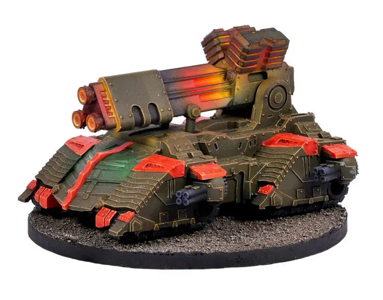 A detailed model of a futuristic tank features a large, prominent missile launcher on top, with vibrant red and orange accents. The tank's body is primarily a dark green, showcasing intricate paneling and mechanical details, while smaller cannons are mounted on the sides. It rests on a textured black base, suggesting a battlefield environment.