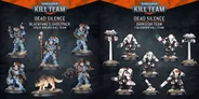 The image showcases two distinct teams from the new Kill Team set, Dead Silence. On the left, the Space Wolves are represented by two models: one is a veteran equipped with plasma weapons and a frost-rimmed combat blade, while the other is a Wolf Scout holding a rifle. On the right, the Tau team features several XV26 battlesuits, characterized by their sleek, white armor with blue accents, alongside a support drone. The background is a textured dark surface, enhancing the focus on the detailed miniatures.