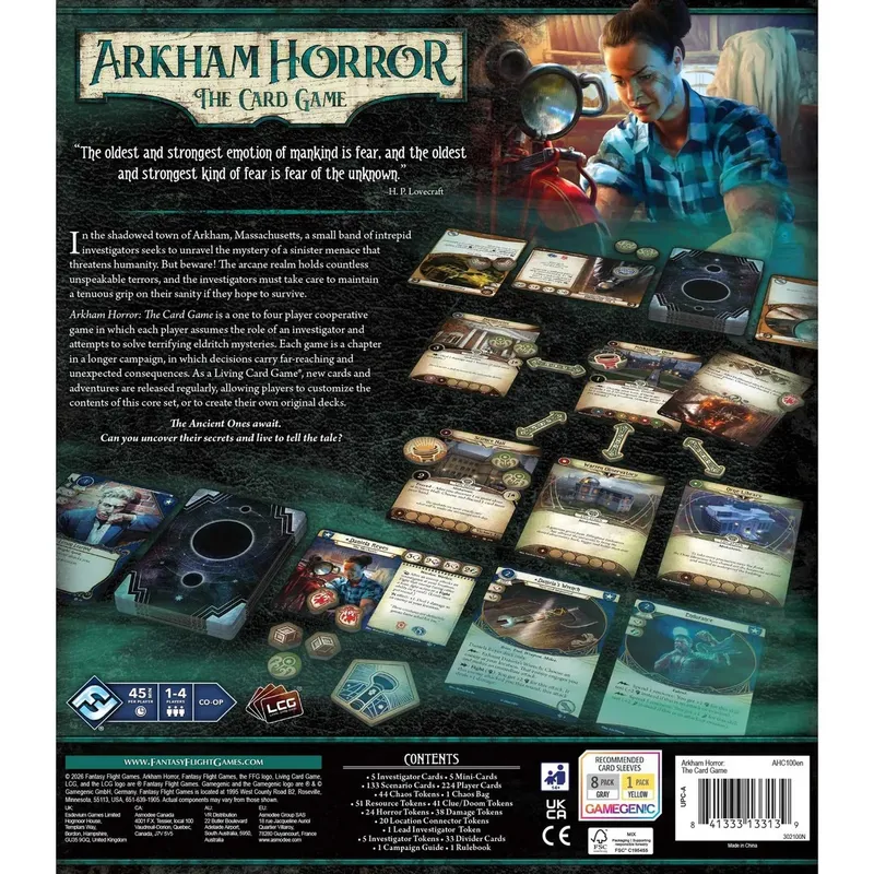 The back cover of the "Arkham Horror: The Card Game" Chapter Two Core Set features a dark and atmospheric design, highlighting the game's themes of mystery and horror. Prominently displayed is the title "Arkham Horror: The Card Game" along with a quote from H.P. Lovecraft. The layout includes various game components, such as investigator cards, tokens, and scenario cards, arranged in a visually engaging manner. A character, depicted with a vintage magnifying glass, adds a sense of intrigue, while the text outlines the cooperative gameplay and the new content available in this edition.