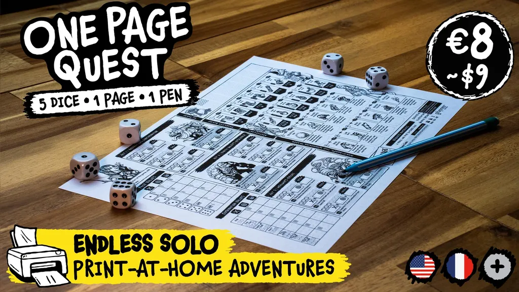 A wooden table with a single-page adventure game sheet featuring a fantasy map, dice icons, and text boxes. Five dice and a pen are placed on the sheet. Visible text reads: "ONE PAGE QUEST," "1 PAGE • 1 PEN," and "ENDLESS SOLO PRINT-AT-HOME ADVENTURES."