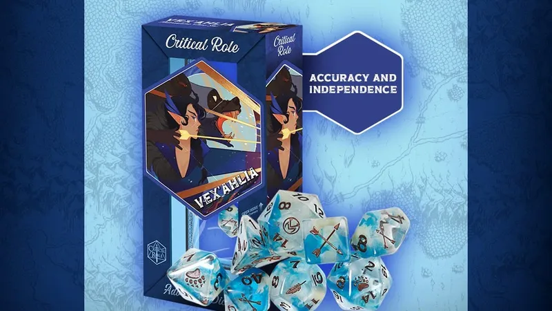 Critical Role Vex'ahlia dice set and box with "Accuracy and Independence" badge.