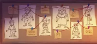 Clothesline with pinned sketches of halflings and notes.