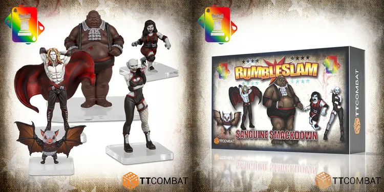 A collection of new miniatures from TT Combat features a variety of characters for their games, including Rumbleslam and Carnevale. Prominent figures include a muscular vampire with a flowing red cape, a large, rotund character in formal attire, and a vampire waif, alongside a small bat-like creature. The packaging for the Rumbleslam set is visible, showcasing the title 