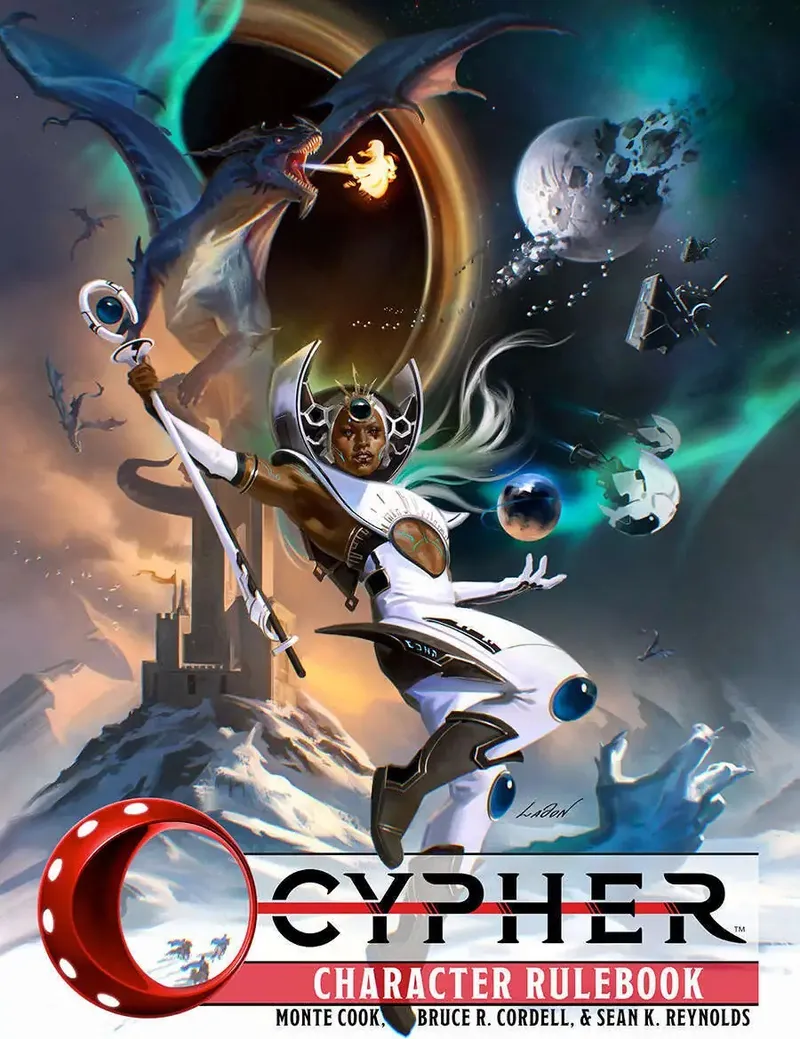 A futuristic warrior in white armor fights a dragon in space, with planets and debris around.