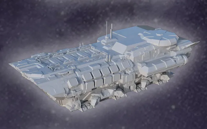A detailed 3D model of a futuristic spaceship, featuring a sleek, angular design with various compartments and structures on its surface. The ship is predominantly white, showcasing intricate paneling and mechanical elements, including engines and antennas. It is set against a dark, starry background, emphasizing its sci-fi aesthetic.
