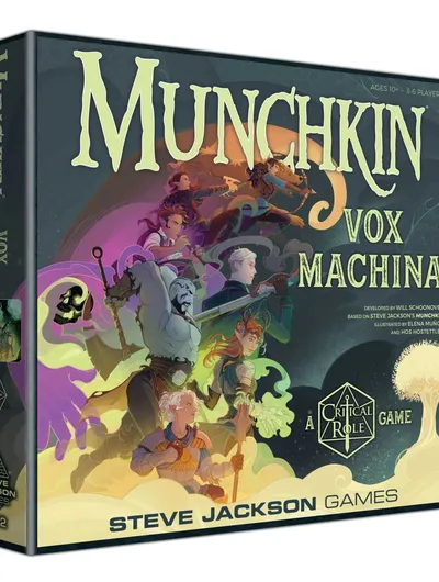 Box for the card game "Munchkin Vox Machina" by Steve Jackson Games. The cover art depicts a group of seven fantasy characters standing on a cloud, holding weapons and items, with colorful magical effects and a skull floating nearby. The title "MUNCHKIN" is prominently displayed in large yellow letters at the top, with "VOX MACHINA" in smaller white letters below. The bottom right corner features the Critical Role logo and the text "A Critical Role GAME". The bottom center reads "STEVE JACKSON GAMES". The left side of the box shows the Steve Jackson Games logo and the number "1552". The top right corner indicates "AGES 10+ 3-6 PLAYERS". The bottom left corner credits the developer, basis, and illustrators.