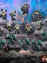 A group of miniature figures representing the Leagues of Votann stands prominently against a rocky, textured backdrop. The models are predominantly clad in teal and dark armor, showcasing various weapons and equipment, including guns and melee weapons. The scene features a mix of characters, including a central figure with a glowing sword, all arranged in a dynamic formation that highlights their unique designs and details.