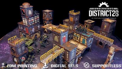 A detailed scene showcases a modular sci-fi terrain setup from the UnderNidus District 28 Kickstarter, featuring various stackable structures designed for tabletop gaming. The terrain includes multiple buildings with intricate details, such as weathered walls and colorful accents, connected by yellow walkways and bridges. In the foreground, several miniature figures are positioned, enhancing the scale and immersive quality of the scene.