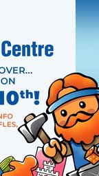 A colorful promotional graphic announces the opening of the Wayland Games Centre in Brentwood. The text highlights that the grand opening is on January 10th, with an invitation to join the all-day launch party featuring gaming, prizes, and food. A cartoonish character with an orange beard and a blue headband holds a hammer, adding a playful touch to the design, which includes various gaming-related icons in the background.
