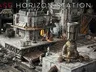 A detailed modular sci-fi terrain setup features various structures, including a large building with a glowing orange window and intricate textures, set against a backdrop of industrial elements. Several miniature figures are positioned throughout the scene, suggesting a skirmish or exploration scenario. The terrain is designed for tabletop gaming, showcasing a mix of crates, pipes, and machinery, all rendered in a weathered, metallic color palette.