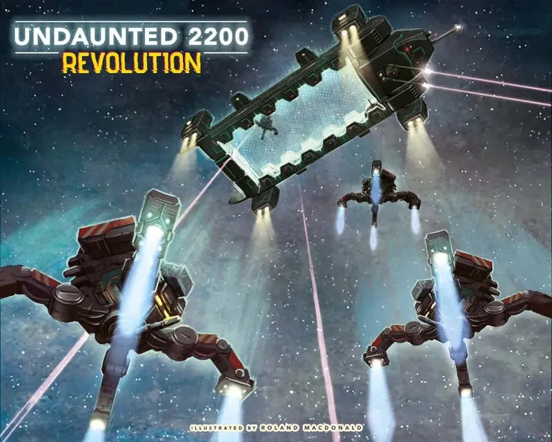 A dynamic scene depicts a futuristic space battle in "Undaunted 2200: Revolution." In the foreground, two mechs with prominent thrusters are engaged in combat, emitting bright blue exhaust flames. Above them, a large, rectangular space station is visible, with a figure inside, set against a backdrop of stars and cosmic colors, emphasizing the vastness of space. The title "UNDAUNTED 2200 REVOLUTION" is prominently displayed at the top.