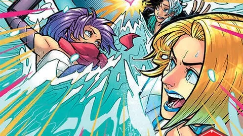 A colorful comic book cover features the title "MARVEL RIVALS TIMESTREAM ADVENTURE" prominently at the top. In the center, a large, cartoonish shark with an open mouth and sharp teeth looms over characters including Psylocke and Jeff the Land Shark, who are depicted in dynamic poses, expressing surprise or determination. The background is vibrant with pink and blue hues, adding to the energetic feel of the scene.