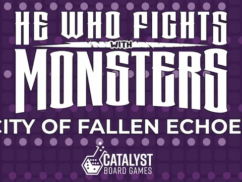 Purple background with dotted pattern. White and gray text reads: "He Who Fights with Monsters" with a sword graphic, "with" in smaller text, "Monsters" in large white letters, and "City of Fallen Echoes" in smaller gray text beneath.