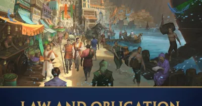 Cosmere Roleplaying Game, Law and Obligation, bustling harbor town with mountains and ships.