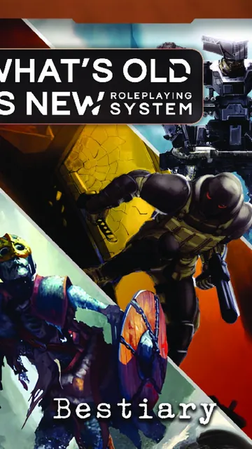 Two characters in futuristic armor: one with a yellow and black suit holding a large weapon, the other in a dark suit with a helmet and holding a gun. A third armored figure in green and gold stands in the background. Text reads: "WHAT'S OLD IS NEW ROLEPLAYING SYSTEM."