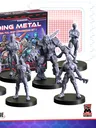 A set of six cyborg miniatures from Monster Fight Club's "Going Metal" collection, designed for the Cyberpunk Combat Zone game, is displayed in the foreground. Each miniature features a unique design, showcasing various cybernetic enhancements, and stands on circular black bases. Behind them, the packaging for the set is visible, featuring vibrant artwork and the title "GOING METAL" prominently displayed.