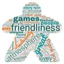 A word cloud shaped like a game piece features prominent terms related to the Strange Games Festival, including "friendliness," "inclusivity," "games," and "atmosphere." The words vary in size, indicating their frequency in feedback, with larger words like "great," "fun," and "community" standing out. The overall design conveys a sense of excitement and positivity surrounding the event, highlighting its welcoming and friendly nature.