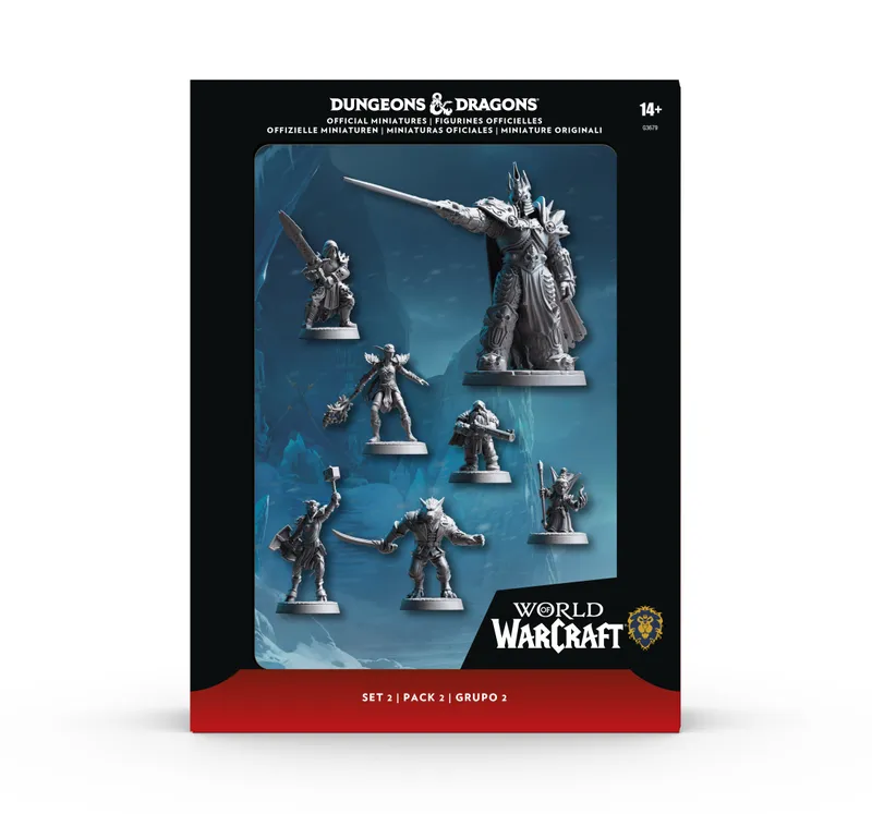 Dungeons & Dragons miniatures set against icy backdrop, with "World of Warcraft" logo.