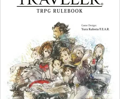 The cover of the "Octopath Traveler TRPG Rulebook" features a colorful illustration of eight characters from the game, each with distinct appearances and poses, gathered together in a dynamic composition. Prominent in the center is a character with dark hair, flanked by a mix of heroes and a large wolf, all set against a soft, watercolor-like background. The title "OCTOPATH TRAVELER" is displayed at the top, with "TRPG RULEBOOK" beneath it, and the game designer's credit is noted at the bottom.