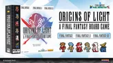 Origins of Light board game box with pixel-art characters from Final Fantasy series. Text reads: "ORIGINS OF LIGHT A FINAL FANTASY BOARD GAME" and "FINAL FANTASY PIXEL REVIVAL." Five pixelated characters in red, blue, green, and white outfits.