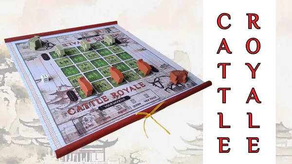 A rolled-up game board with a red cane handle and yellow string tie. Two brown wooden cow miniatures stand on the board. Text on the board reads "SALE," "QUEEN," and "NEW PRICE." Large red capital letters spell "CATTLE ROYALE" on the right.