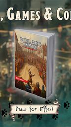 A book titled "100 Trials, Games & Competitions" is prominently displayed in the foreground, featuring a colorful cover illustration depicting a lively competition scene with numerous spectators. The background shows a festive atmosphere with blurred figures and decorations, suggesting a vibrant event. The title and the publisher's name, "Paws for Effect," are artistically integrated into the design, enhancing the overall theme of games and challenges.