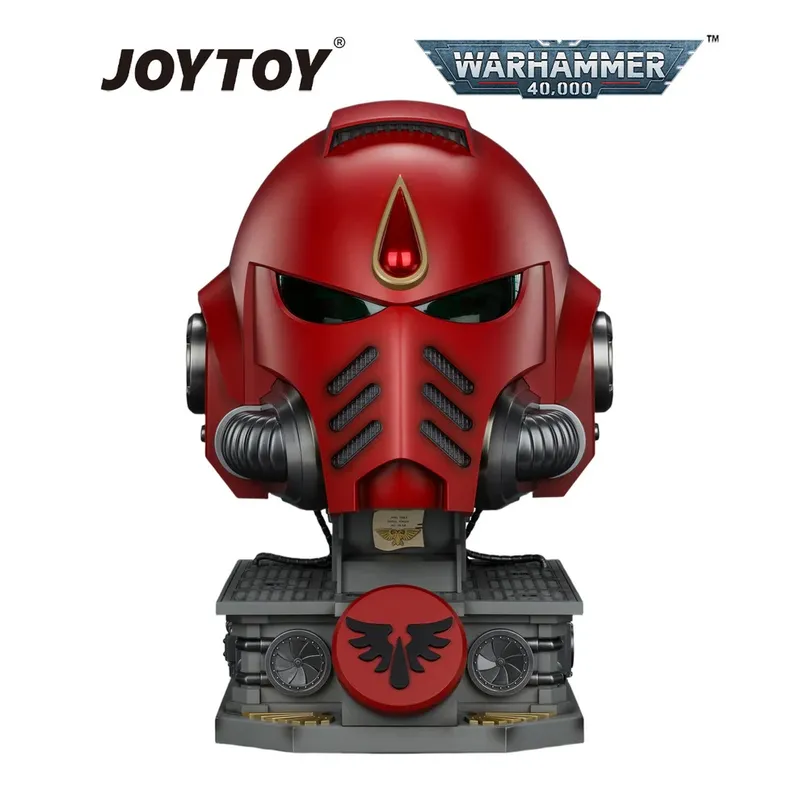 Red Space Marine helmet with blood drop icon on stand, "JOYTOY WARHAMMER 40,000" text above.