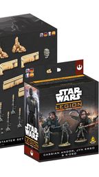 A display featuring two new Star Wars: Legion packs. The top pack, labeled "Battlefield Terrain Starter Set," showcases various terrain pieces, including modular buildings and scatter elements, designed with a Star Wars aesthetic. The bottom pack, titled "Cassian Andor, Jyn Erso & K-2SO," features three character miniatures alongside artwork of the characters, emphasizing their roles in the Star Wars universe.