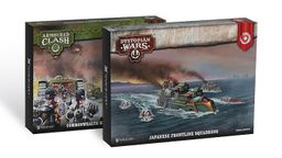 Two boxed sets are displayed side by side. On the left, the "Armoured Clash" box features artwork depicting soldiers with heavy weaponry, hinting at the Commonwealth Heavy Regiment. The right box, labeled "Dystopian Wars," showcases a fleet of ships, including the Japanese Frontline Squadrons, navigating turbulent waters with smoke rising in the background. Both boxes are designed with vibrant colors and detailed illustrations, emphasizing their respective themes.